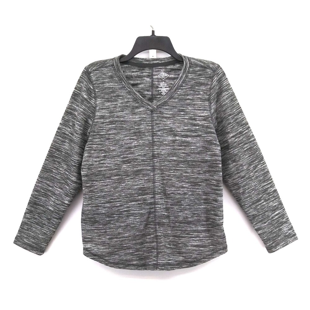 St Johns Bay Shirt Women Size S Gray Fleece Lightweight Long Sleeve V-Neck Top